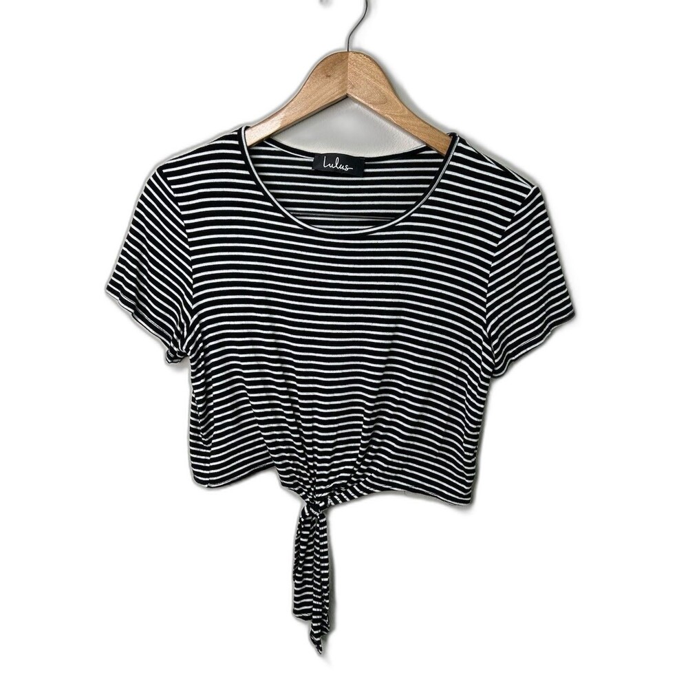 Lulus Womens Size Medium Striped Tie Front Soft Stretchy Crop Top Black & White